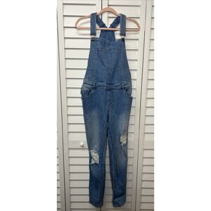 New York & Company Distressed Stretch Denim Overalls Size Large Medium Wash NWT